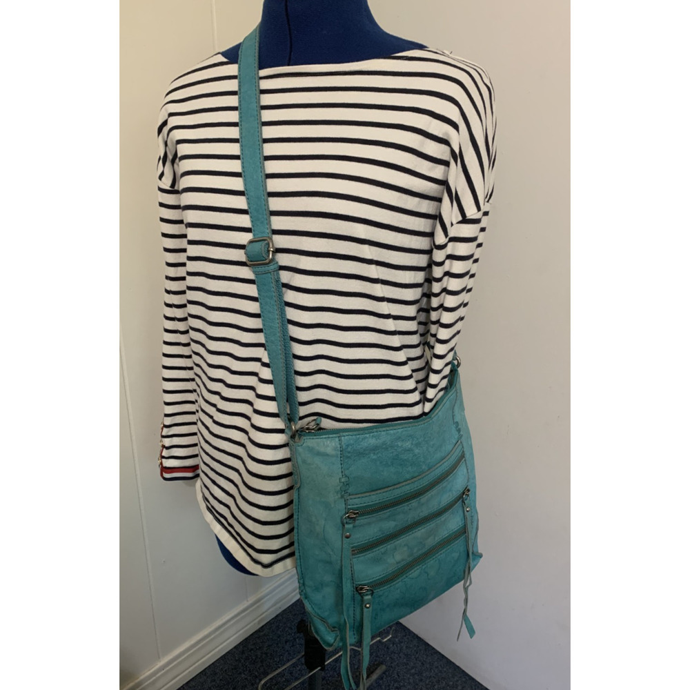 Lucky Brand Turquoise Crossbody Triple Zipper pockets Whipstitch Western Boho - Picture 2 of 12